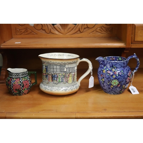 2278 - Three vintage and antique jugs, Royal Doulton Old Moreton Hall, Visit of Elizabeth 1589, Hydrangea a... 