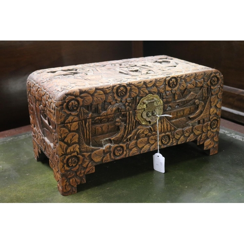 2279 - Small heavily carved camphor trunk, approx 21cm H x 38cm W x 20cm D