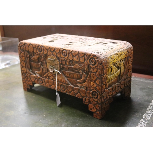 2279 - Small heavily carved camphor trunk, approx 21cm H x 38cm W x 20cm D