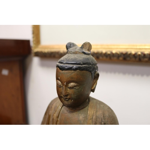 2087 - Carved wood and gilt stucco seated Buddhas, AF damages, approx 31cm H x 22cm W and smaller (2)