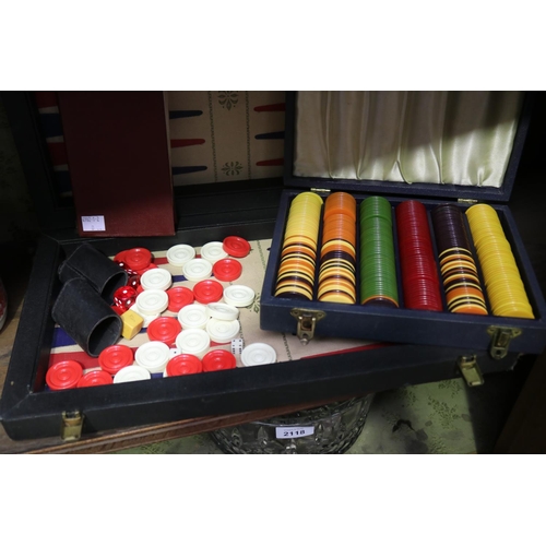 2117 - Vintage cased back gammon set, along with a vintage cased gaming tokens. decanter, rum port bottle, ... 