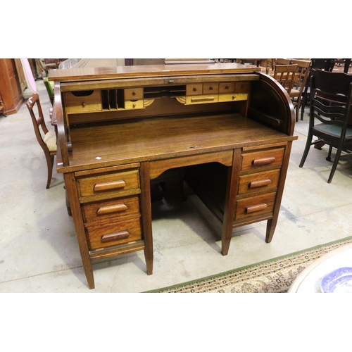 2273 - Vintage maple twin pedestal roll top desk, good clean condition, approx 109cm H x 127cm W x 76cm D