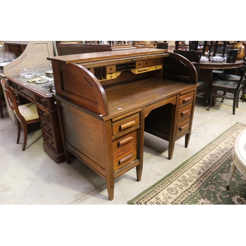 2273 - Vintage maple twin pedestal roll top desk, good clean condition, approx 109cm H x 127cm W x 76cm D