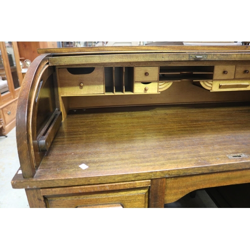 2273 - Vintage maple twin pedestal roll top desk, good clean condition, approx 109cm H x 127cm W x 76cm D