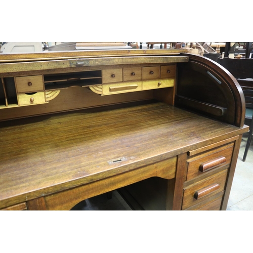 2273 - Vintage maple twin pedestal roll top desk, good clean condition, approx 109cm H x 127cm W x 76cm D