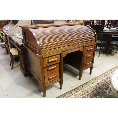 2273 - Vintage maple twin pedestal roll top desk, good clean condition, approx 109cm H x 127cm W x 76cm D