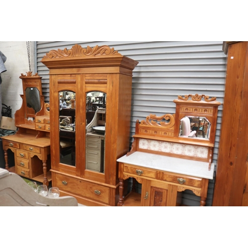 2277 - Huon pine bedroom suite to include wardrobe and two dressing tables, wardrobe approx 215cm H x 126cm... 