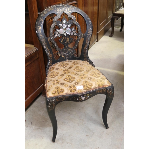 2406 - Mother of pearl inlaid chair in distressed condition, approx 82cm H x 43cm W x 52cm D