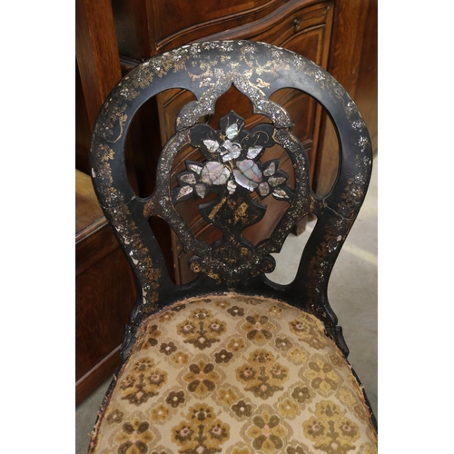 2406 - Mother of pearl inlaid chair in distressed condition, approx 82cm H x 43cm W x 52cm D