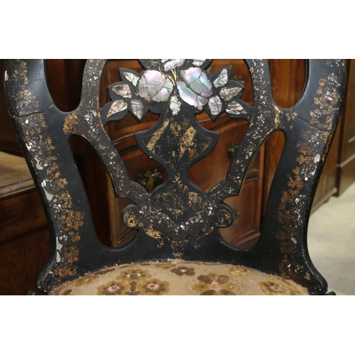 2406 - Mother of pearl inlaid chair in distressed condition, approx 82cm H x 43cm W x 52cm D