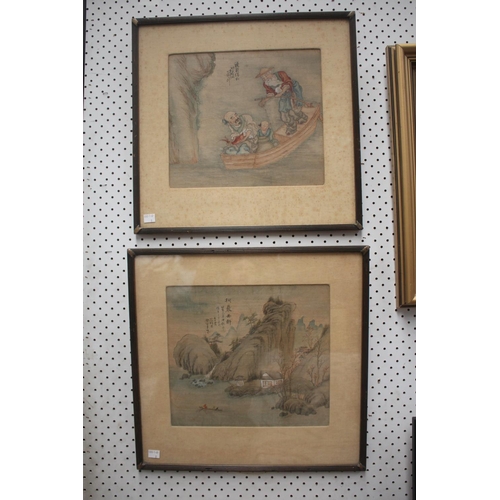 2433 - Two antique Oriental paintings on silk, one of a rocky mountain with fishing boat, the other of a fi... 