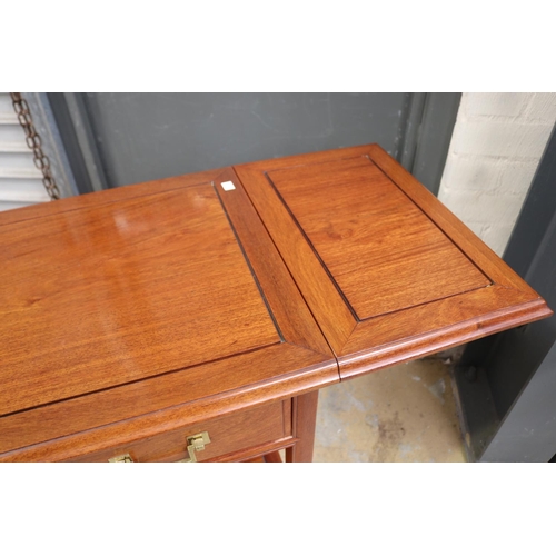2448 - Chinese drop side mobile servery, fitted with three drawers, approx 81 cm sides down, approx 77 cm H... 
