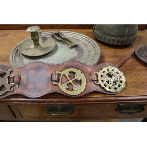 2426 - Selection - old eastern hand beaten jug, antique copper heater base, brass chamber stick, Horse bras... 