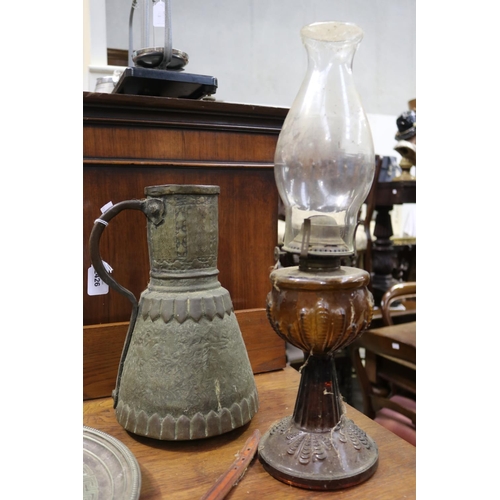 2426 - Selection - old eastern hand beaten jug, antique copper heater base, brass chamber stick, Horse bras... 