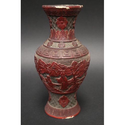 29 - Antique Chinese cinnabar lacquer baluster vase, approx 23 cm H