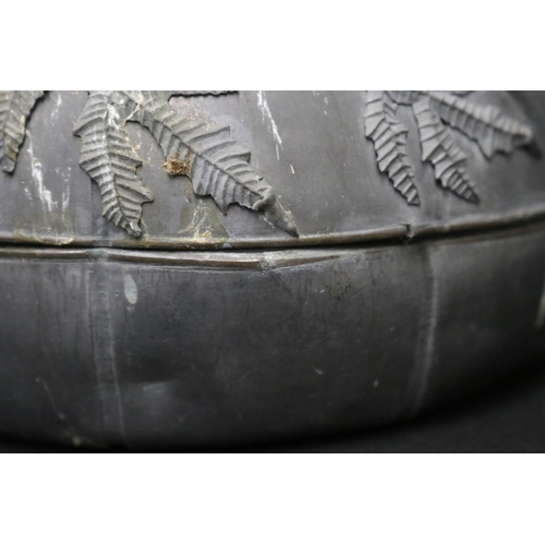 44 - Antique Japanese pewter pumpkin box, with applied hardstone decoration to cover, 16 cm dia