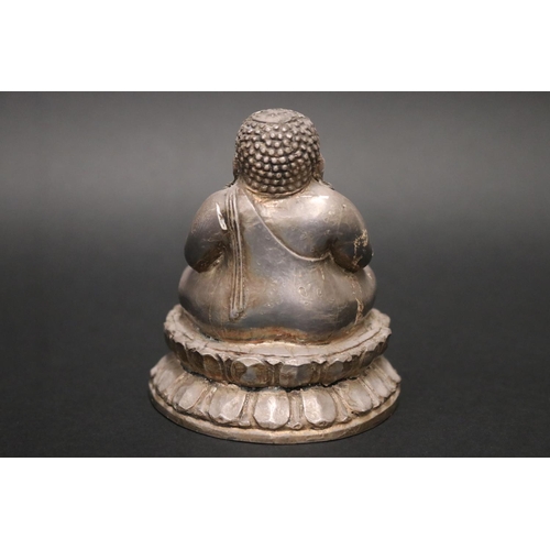 7 - Thai silver leaf coated seated Sangkajai Fat Buddha statue, seated on double lotus base, approx 11cm... 