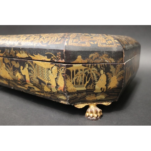 42 - Large antique Chinese export canted side, lidded lacquer games box, with fitted compartment interior... 