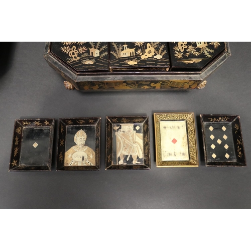 42 - Large antique Chinese export canted side, lidded lacquer games box, with fitted compartment interior... 