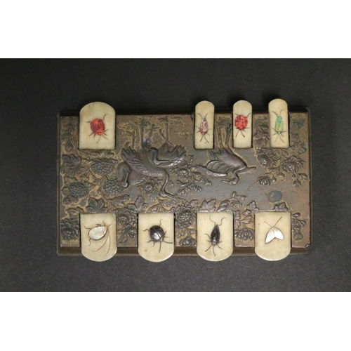 47 - Fine Japanese Meiji period bronze & bone game counter, approx 5.5cm x 9.5cm