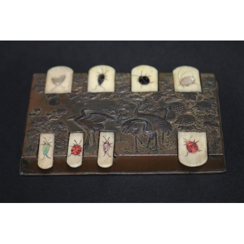 47 - Fine Japanese Meiji period bronze & bone game counter, approx 5.5cm x 9.5cm