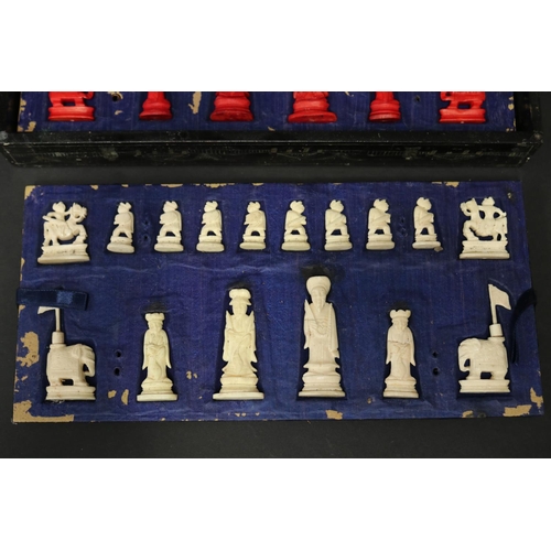 54 - Antique Chinese stained ivory lacquer boxed chess set, 36 pieces in total complete, approx 9cm H x 3... 