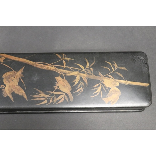 64 - Antique paper Mache chinoiserie decorated fan or glove box, approx 4cm H x 30cm W x 9cm D