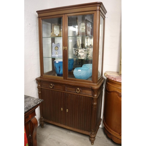 227 - Antique French showcase with tambour style door below, approx 190cm H x 100cm W x 48cm D