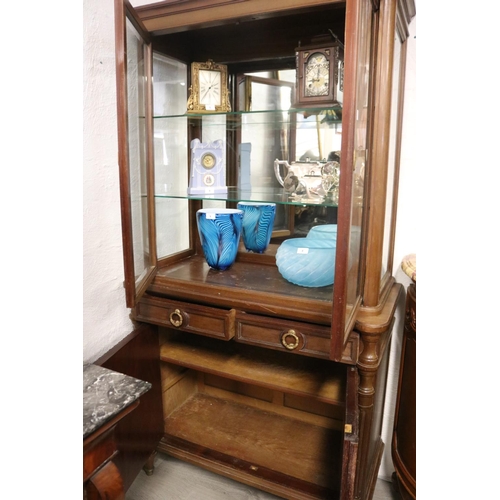 227 - Antique French showcase with tambour style door below, approx 190cm H x 100cm W x 48cm D