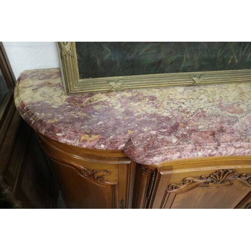 236 - Vintage French Louis XV style marble top enfilade sideboard, approx 102cm H x 245cm W x 56cm D