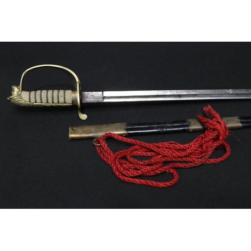 35 - Antique British naval officers dress sword and scabbard, shark skin and wire hilt, lions head pommel... 