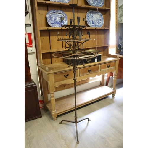 277 - Medieval style hand wrought iron multi tiered floor standing candelabrum, approx 160cm H x 50cm Dia
