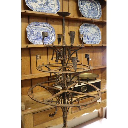 277 - Medieval style hand wrought iron multi tiered floor standing candelabrum, approx 160cm H x 50cm Dia