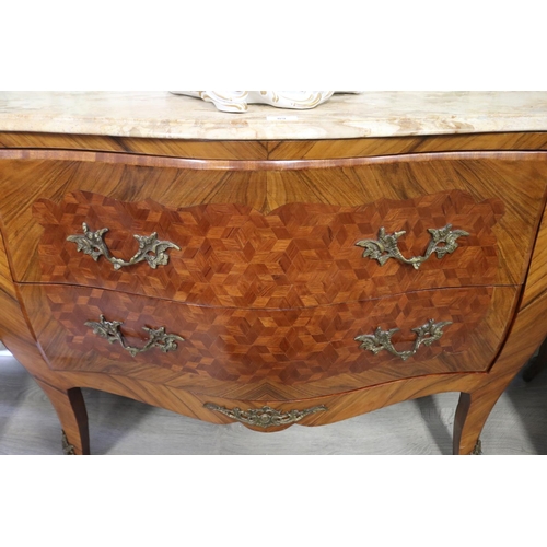 278 - French Louis XV style two drawer marble topped commode, cube parquetry front and sides, approx 84cm ... 