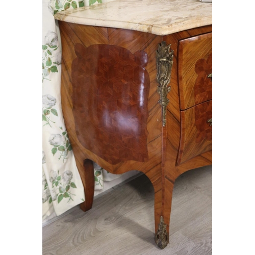 278 - French Louis XV style two drawer marble topped commode, cube parquetry front and sides, approx 84cm ... 