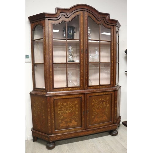 308 - Antique Dutch floral marquetry inlaid two height showcase, canted glazed sides, recessed panelled do... 