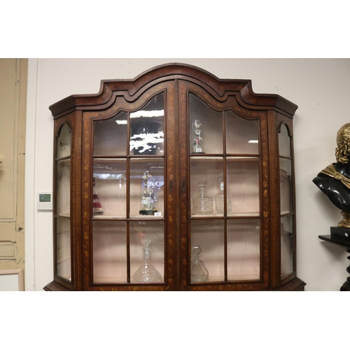 308 - Antique Dutch floral marquetry inlaid two height showcase, canted glazed sides, recessed panelled do... 