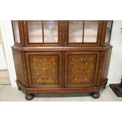 308 - Antique Dutch floral marquetry inlaid two height showcase, canted glazed sides, recessed panelled do... 