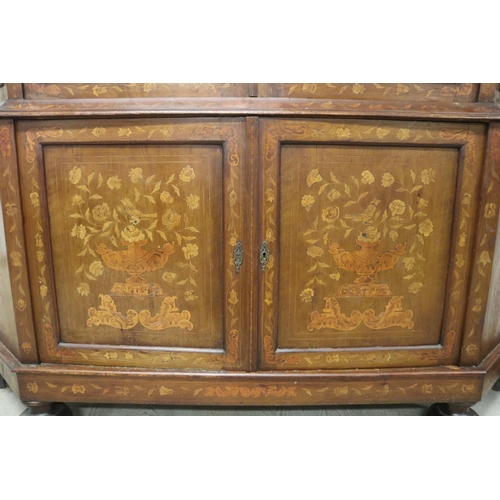 308 - Antique Dutch floral marquetry inlaid two height showcase, canted glazed sides, recessed panelled do... 