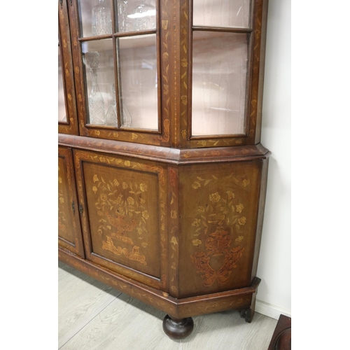 308 - Antique Dutch floral marquetry inlaid two height showcase, canted glazed sides, recessed panelled do... 