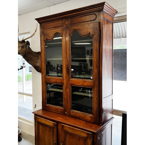 316 - Antique early 19th century French walnut two height buffet bookcase, shaped two section glazed top, ... 