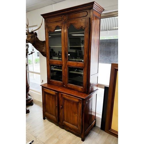 316 - Antique early 19th century French walnut two height buffet bookcase, shaped two section glazed top, ... 