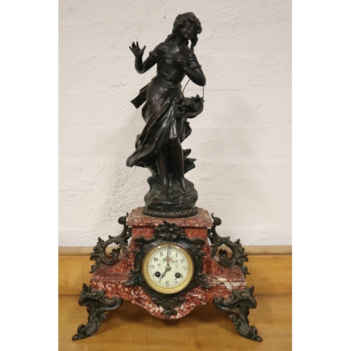 342 - Large antique French bronzed metal figural clock, has key and pendulum (in office B1726-1-69), untes... 