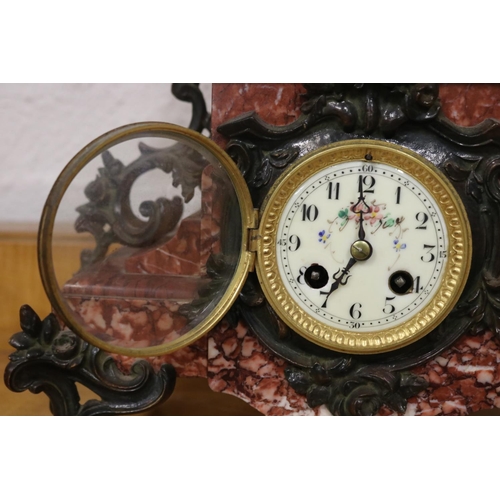 342 - Large antique French bronzed metal figural clock, has key and pendulum (in office B1726-1-69), untes... 