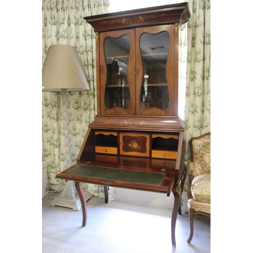 348 - Antique 19th century French floral marquetry  bureau bookcase, shaped fall front, fitted interior, w... 