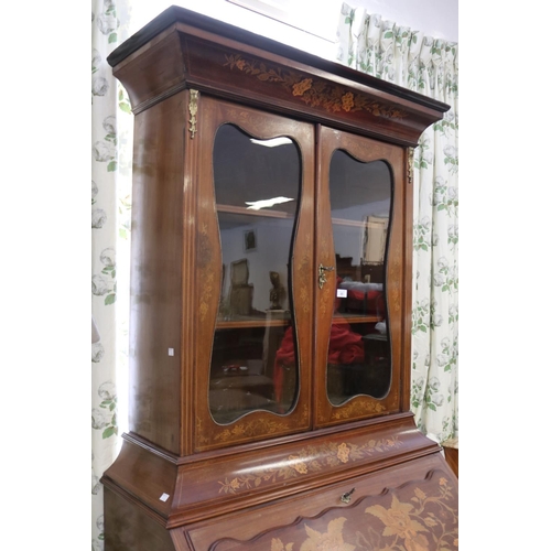 348 - Antique 19th century French floral marquetry  bureau bookcase, shaped fall front, fitted interior, w... 