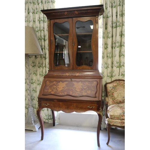 348 - Antique 19th century French floral marquetry  bureau bookcase, shaped fall front, fitted interior, w... 