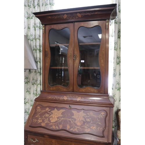 348 - Antique 19th century French floral marquetry  bureau bookcase, shaped fall front, fitted interior, w... 