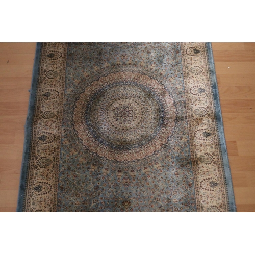 366 - Fine pale blue ground silk carpet, approx 79cm x 290cm