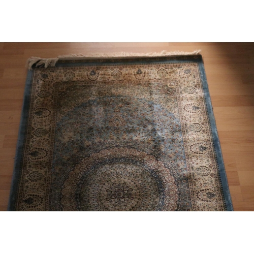 366 - Fine pale blue ground silk carpet, approx 79cm x 290cm